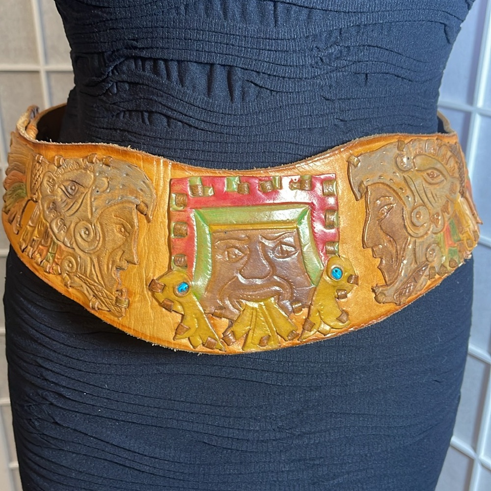 RARE hand tooled Western Native Aztec style Statement Belt Size 28-30”